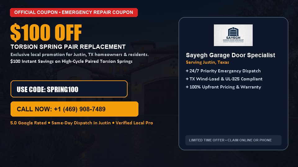 Sayegh Garage Door Specialist $100 OFF Dual Torsion Spring Replacement in Justin, TX